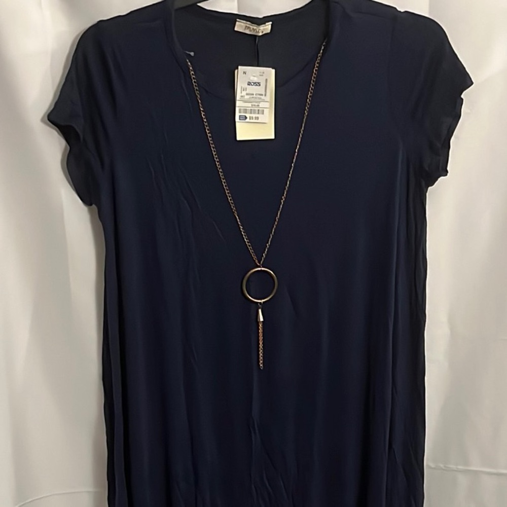 Navy Blue Short Sleeve Dress with Necklace
